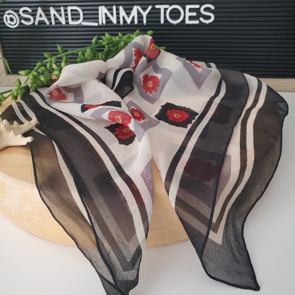 Vintage I White Sheer Black Square Red Daisy Neck/Ponytail Scarf 19"x19"